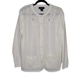 Jenny Womens button up ivory knit cutout long sleeve cardigan sweater Large